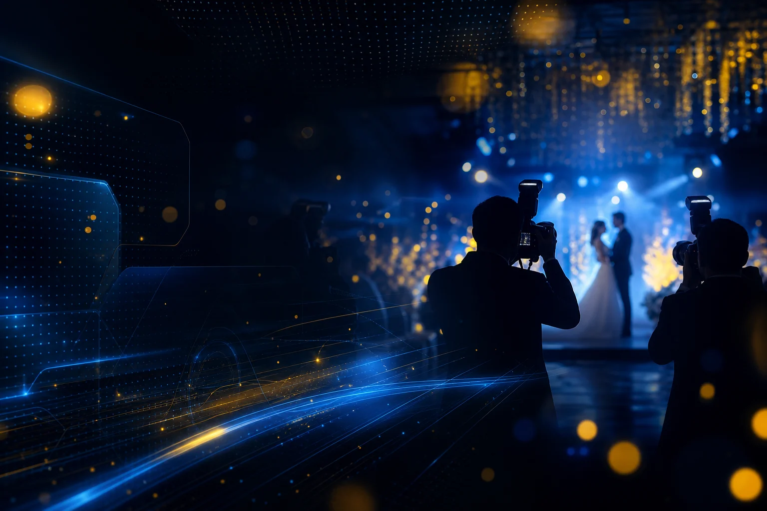 Dark futuristic Cam-Shot hero — event photographers with AI-powered photo discovery for weddings and corporate events